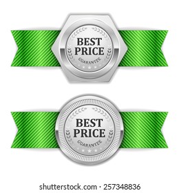 Two silver best price badge with green ribbon on white background