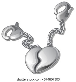 Two silver or chromed keychains in the form of broken and united heart isolated on white background. Gift for loved on Valentine's day or wedding. Cartoon vector illustration close-up.