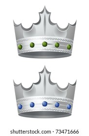 Two silver crowns with emerald and sapphire