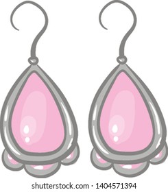 Two silver earrings with pink stones, vector, color drawing or illustration. 