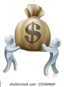 Two silver people holding a big money sack with a dollar sign