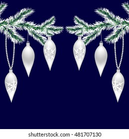 Two silvered with frost tree branches with toys for the New Year. Christmas Spruce. Isolated on a blue background. vector illustration