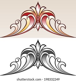 Two similar abstract ornate  pattern. One monochrome and one light-red