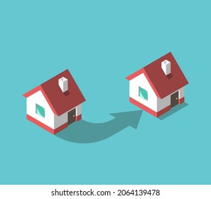 Two similar houses and arrow. Moving house, relocation, real estate, sale, purchase, home and property concept. Flat design. EPS 8 vector illustration, no transparency, no gradients