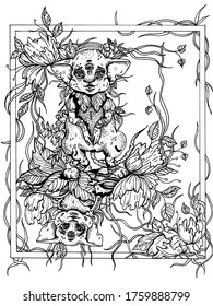 Two similar magic mice as a reflection with thin tails, big ears and three eyes, hide in large flowers and foliage, one hanging upside down, second standing on it with its paws folded in front of it.