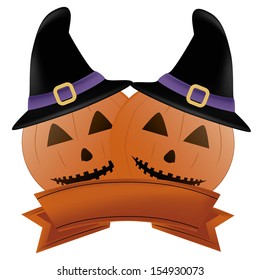 two similar orange pumpkins with black hats in a white background with an orange ribbon