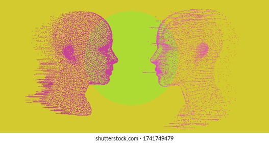 Two similar people looking at each other directly. Artificial intelligence and Psychological profiling concept. 