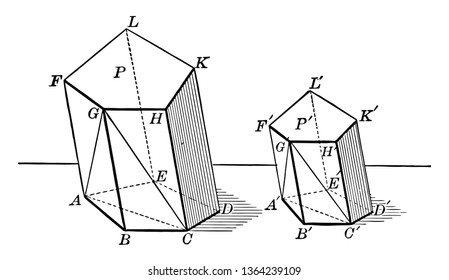 Two similar polyhedrons can be decomposed into the same number of similar tetrahedrons, each for each, and placed in a similar way, vintage line drawing or engraving illustration.