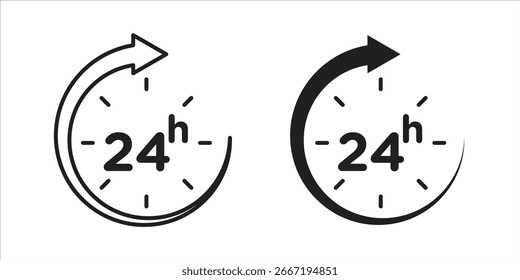 Zwei einfache 24-Stunden-Symbole mit gekrümmten Pfeilen, einzeln auf Weiß. Perfekt für Website- oder App-Design.