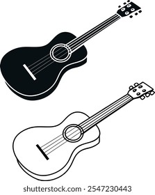 Dos sencillas ilustraciones de guitarra acústica. Uno es una silueta negra sólida, el otro es un dibujo de línea. Ambos se muestran desde un ángulo isométrico similar.