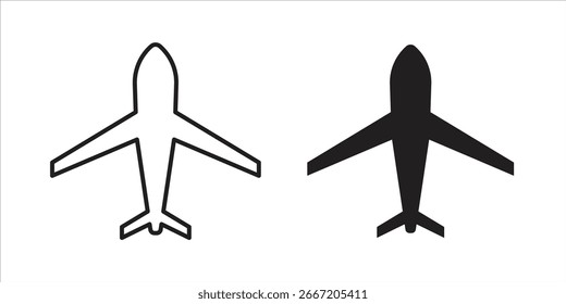 Two simple airplane icons, one outline and one solid, isolated on white. Perfect for travel, transportation, or aviation designs.