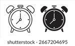 Two simple alarm clock icons: one line art, one solid black. Perfect for app design or website use.