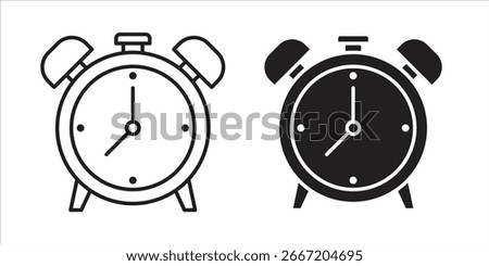 Two simple alarm clock icons: one line art, one solid black. Perfect for app design or website use.