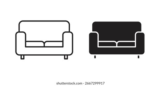 Dois ícones de poltrona simples, uma arte de linha e um preto sólido, isolado no branco.