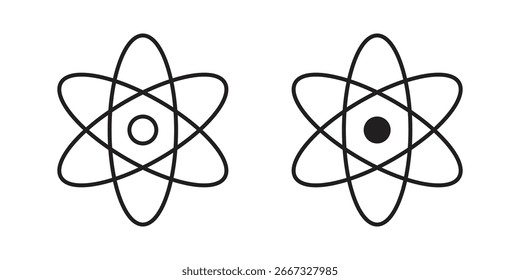 Dois ícones de átomos simples, um com um núcleo preenchido, o outro com um vazio, isolado em branco.