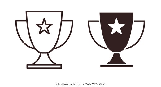 Dois ícones simples de troféus de premiação, uma arte de linha e uma preenchida, cada um com uma estrela. Isolado no branco.