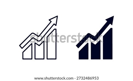Two simple bar graph icons showing upward trend with arrow, symbolizing growth, progress, and success in business and finance.