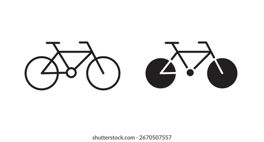 Dois ícones simples de bicicleta: uma arte com linhas, uma preta sólida. Isolado no branco.