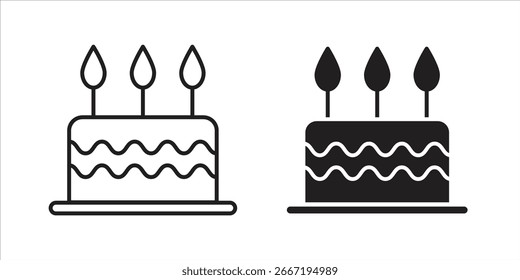 Two simple birthday cake icons with candles, one black and one line art, isolated on white.