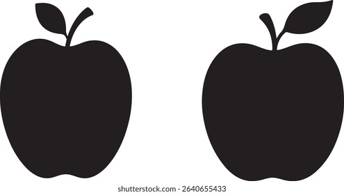Two simple black apple silhouettes on white background with green leaves fresh fruit concepts for design