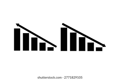 Two simple black bar graphs illustrate a downward trend with arrows, symbolizing financial loss and economic decline.