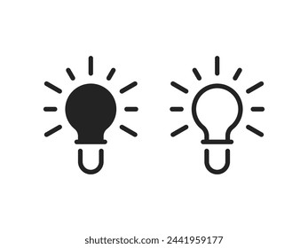 two simple black electricity light bulb icon. concept of creative idea inspiration or quick tips with lightbulb. linear graphic trend modern design invention logotype isolated on white background