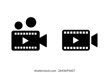 Two simple black film camera icons with play buttons are shown. One has film reel circles above it. Both symbolize video playback.
