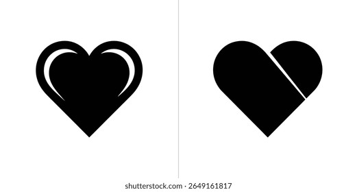 Two simple black heart shape icons sit on transparent background. The design includes both a solid heart and an outlined heart.