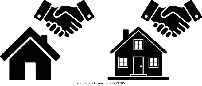 Two simple black icons depict a handshake above a house, symbolizing a real estate deal or home purchase agreement. One house is detailed, the other basic.