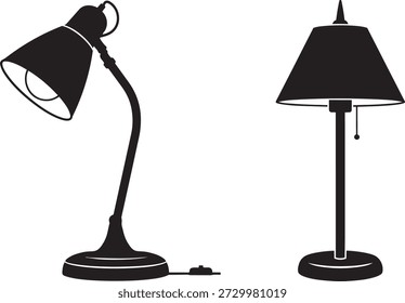 Dos sencillas siluetas de lámpara negra, una lámpara de sobremesa y una lámpara de mesa, sobre fondo blanco, que representan Elementos de diseño minimalistas para la decoración del hogar o la oficina e inspiración para diseñadores y artistas.