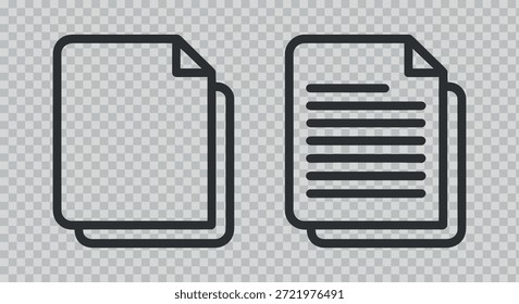 Dois ícones simples de arte com traços pretos representando arquivos de documento, um em branco e outro com linhas de texto, são apresentados em um plano de fundo transparente