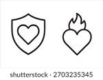 Two simple black line icons: a heart protected by a shield and a heart on fire.