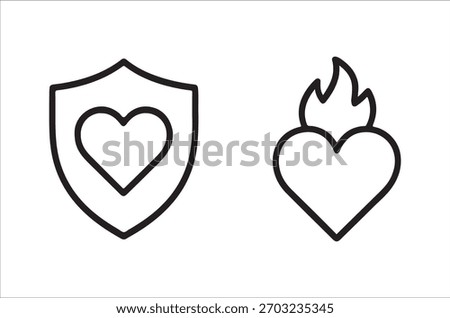 Two simple black line icons: a heart protected by a shield and a heart on fire.