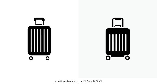 Dos simples maletas negras con asas y ruedas retráctiles se colocan sobre un fondo blanco, mirando hacia adelante en una Ilustración vectorial.