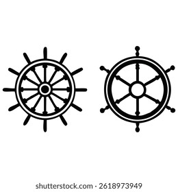 Two simple black ship wheels, nautical icons, vector illustration.