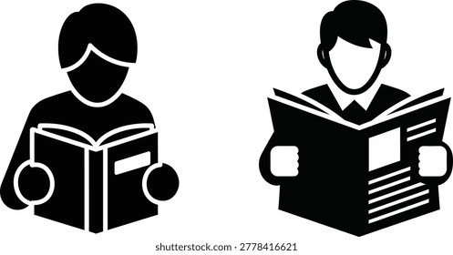 Two simple black silhouettes of individuals engrossed in reading, one casual and one professional, against a clean white background.