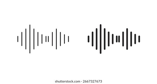 Zwei einfache schwarze Klangwellen-Symbole einzeln auf weißem Hintergrund. Perfekt für Audio-, Musik- oder Technologieprojekte.