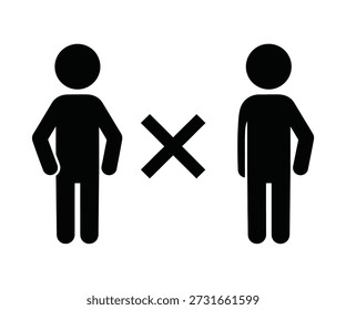 Two simple black stick figures standing apart with a large black cross symbol between them