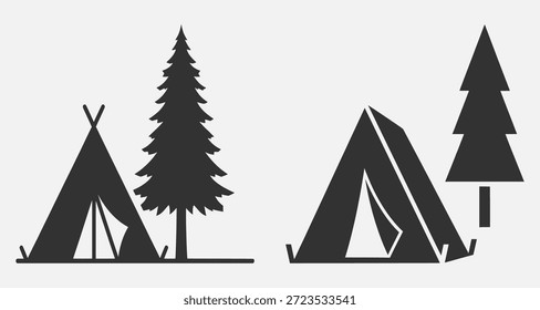 Zwei einfache schwarze Zeltillustrationen mit Bäumen daneben auf weißem Hintergrund.