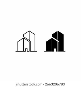 Two simple black and white architectural logos of buildings.