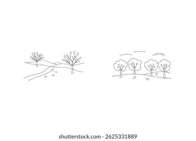 Two Simple Black And White Autumn Landscape Illustrations With Trees And Fallen Leaves