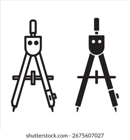 Two simple black and white icons of a drafting compass