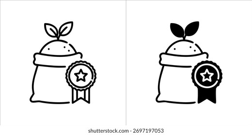 Dos iconos simples en blanco y negro de una bolsa con un brote y una medalla