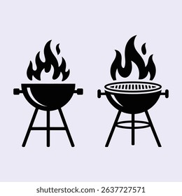 Two simple black and white illustrations of a barbecue grill with flames, perfect for summer BBQ menus, cookbooks, or websites.  Clean design suitable for various applications.