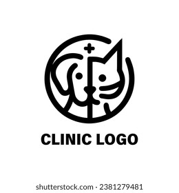 Dos logos simples en blanco y negro diseñados para una clínica, con un perro y un gato