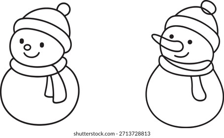 Dos simples muñecos de nieve de contorno blanco y negro con sombreros y bufandas. Linda Ilustración vectorial de dibujos animados, perfecta para una página de colorear de vacaciones de invierno.