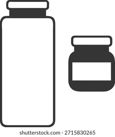 Dois ícones simples de silhueta preto e branco de garrafas e frascos com rótulos em branco para a marca