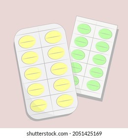 Two simple blisters with yellow and green pills for treatment. Medical package for tablet: vitamin, antibiotic, aspirin. Vector illustrations of pack isolated
