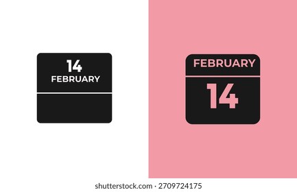 Dos simples iconos de calendario se muestran el 14 de febrero. Uno es negro sobre blanco, el otro negro sobre rosa.