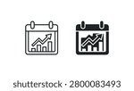 Two simple calendar icons featuring a bar and line chart with an upward arrow, symbolizing growth, progress, and success in a clean vector style.